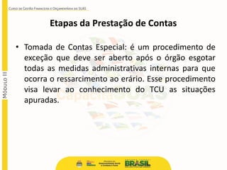 Etapas da Prestação de Contas
• Tomada de Contas Especial: é um procedimento de
exceção que deve ser aberto após o órgão esgotar
todas as medidas administrativas internas para que
ocorra o ressarcimento ao erário. Esse procedimento
visa levar ao conhecimento do TCU as situações
apuradas.
 