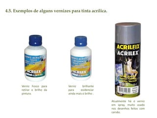 4.5. Exemplos de alguns vernizes para tinta acrílica. 
Verniz Fosco para 
retirar o brilho da 
pintura. 
Verniz brilhante 
para evidenciar 
ainda mais o brilho . 
Atualmente há o verniz 
em spray, muito usado 
nos desenhos feitos com 
carvão. 
 
