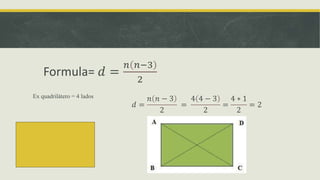 Formula= 𝑑 =
𝑛 𝑛−3
2
Ex quadrilátero = 4 lados
𝑑 =
𝑛 𝑛 − 3
2
=
4 4 − 3
2
=
4 ∗ 1
2
= 2
 