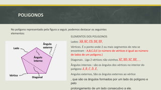 POLIGONOS
No polígono representado pela figura a seguir, podemos destacar os seguintes
elementos:
ELEMENTOS DOS POLIGONOS
Lados: AB, BC, CD, DE, EF,
Vértices. É o ponto onde 2 ou mais segmentos de reta se
encontram - A,B,C,D,E (o número de vértices é igual ao número
de lados de um polígono.)
Diagonais . Liga 2 vértices não vizinhos AC, BD, AC, BE, . . .
Ângulos internos : são os ângulos dos vértices no interior do
polígono 𝐴, 𝐵, 𝐶, 𝐷, 𝐸,
Angulos externos, São os ângulos externos ao vértice
, que são os ângulos formados por um lado do polígono e
pelo
prolongamento de um lado consecutivo a ele.
 