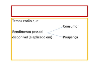 Temos então que:
Consumo
Rendimento pessoal
disponível (é aplicado em)

Poupança

 