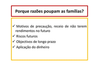 Porque razões poupam as famílias?
Motivos de precaução, receio de não terem
rendimentos no futuro
Riscos futuros
Objectivos de longo prazo
Aplicação do dinheiro

 
