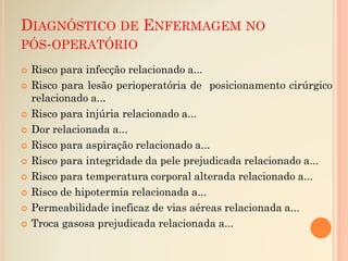 DIAGNÓSTICO DE ENFERMAGEM NO
PÓS-OPERATÓRIO
 Risco para infecção relacionado a...
 Risco para lesão perioperatória de posicionamento cirúrgico
relacionado a...
 Risco para injúria relacionado a...
 Dor relacionada a...
 Risco para aspiração relacionado a...
 Risco para integridade da pele prejudicada relacionado a...
 Risco para temperatura corporal alterada relacionado a...
 Risco de hipotermia relacionada a...
 Permeabilidade ineficaz de vias aéreas relacionada a...
 Troca gasosa prejudicada relacionada a...
 