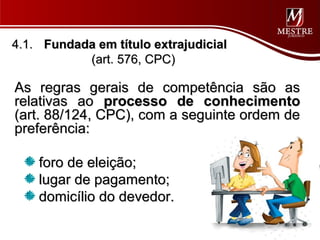 4.1. Fundada em título extrajudicial
           (art. 576, CPC)

As regras gerais de competência são as
relativas ao processo de conhecimento
(art. 88/124, CPC), com a seguinte ordem de
preferência:

    foro de eleição;
    lugar de pagamento;
    domicílio do devedor.
 