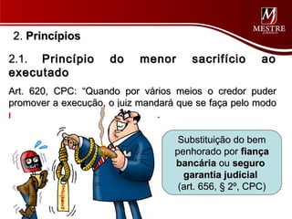 2. Princípios

2.1. Princípio       do    menor       sacrifício      ao
executado
Art. 620, CPC: “Quando por vários meios o credor puder
promover a execução, o juiz mandará que se faça pelo modo
menos gravoso para o devedor”.

                                    Substituição do bem
                                   penhorado por fiança
                                   bancária ou seguro
                                     garantia judicial
                                    (art. 656, § 2º, CPC)
 