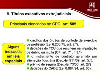 8. Títulos executivos extrajudiciais

  Principais elencados no CPC: art. 585



               créditos dos órgãos de controle de exercício
            de profissão (Lei 6.206/75, art. 2.º);
  Alguns       decisões do TCU que resultem na imputação
indicados   de débito ou multa (CF, art. 71, § 3.º);
 em leis        o instrumento de contrato garantido por
especiais   alienação fiduciária (Dec.-lei 911/69, art. 5.º);
               prêmio de seguro (Dec.-lei 73/66, art. 27)
               decisões do CADE (Lei 8.884/94, art. 60).
 