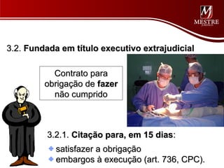 3.2. Fundada em título executivo extrajudicial

           Contrato para
         obrigação de fazer
           não cumprido



         3.2.1. Citação para, em 15 dias:
            satisfazer a obrigação
            embargos à execução (art. 736, CPC).
 