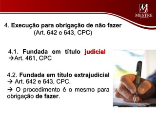 4. Execução para obrigação de não fazer
         (Art. 642 e 643, CPC)


 4.1. Fundada em tí tulo judicial
 Art. 461, CPC

4.2. Fundada em título extrajudicial
 Art. 642 e 643, CPC.
 O procedimento é o mesmo para
obrigação de fazer.
 