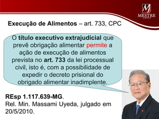 Execução de Alimentos – art. 733, CPC

  O título executivo extrajudicial que
  prevê obrigação alimentar permite a
     ação de execução de alimentos
  prevista no art. 733 da lei processual
   civil, isto é, com a possibilidade de
      expedir o decreto prisional do
    obrigado alimentar inadimplente.

REsp 1.117.639-MG.
Rel. Min. Massami Uyeda, julgado em
20/5/2010.
 