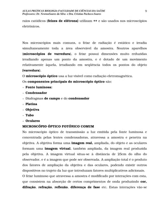 AULAS PRÁTICAS BIOLOGIA FACULDADE DE CIÊNCIAS DA SAÚDE                              9
Professores: Dr. NewtonSoares da Silva e Dra. Cristina Pacheco-Soares

raios catódicos (feixes de elétrons) utilizam ++ e são usados nos microscópios
eletrônicos.




Nos microscópios mais comuns, o feixe de radiação é estático e irradia
simultaneamente toda a área observável da amostra. Noutros aparelhos
(microscópios de varredura), o feixe possui dimensões muito reduzidas
irradiando apenas um ponto da amostra, e é dotado de um movimento
relativamente àquela, irradiando em seqüência todos os pontos do objeto
(varredura).
O microscópio óptico usa a luz visível como radiação eletromagnética.
Os componentes principais do microscópio óptico são:
•   Fonte luminosa:
•   Condensador
•   Diafragmas de campo e do condensador
•   Platina
•   Objetiva
•   Tubo
•   Oculares
MICROSCÓPIO ÓPTICO FOTÓNICO COMUM
No microscópio óptico de transmissão a luz emitida pela fonte luminosa e
concentrada pelas lentes condensadoras, atravessa a amostra e penetra na
objetiva. A objetiva forma uma imagem real, ampliada, do objeto e as oculares
formam uma imagem virtual, também ampliada, da imagem real produzida
pela objetiva. A imagem virtual situa-se à distância de 25cm do olho do
observador, e é a imagem que pode ser observada. A ampliação total é o produto
dos fatores de ampliação da objetiva e das oculares, podendo existir outros
dispositivos no trajeto da luz que introduzam fatores multiplicativos adicionais.
O feixe luminoso que atravessa a amostra é modificado por interações com esta,
que consistem na absorção de certos comprimentos de onda produzindo cor,
difração, refração, reflexão, diferença de fase etc. Estas interações vão-se
 