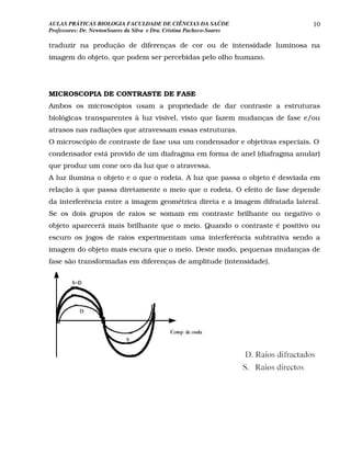 AULAS PRÁTICAS BIOLOGIA FACULDADE DE CIÊNCIAS DA SAÚDE                      10
Professores: Dr. NewtonSoares da Silva e Dra. Cristina Pacheco-Soares

traduzir na produção de diferenças de cor ou de intensidade luminosa na
imagem do objeto, que podem ser percebidas pelo olho humano.




MICROSCOPIA DE CONTRASTE DE FASE
Ambos os microscópios usam a propriedade de dar contraste a estruturas
biológicas transparentes à luz visível, visto que fazem mudanças de fase e/ou
atrasos nas radiações que atravessam essas estruturas.
O microscópio de contraste de fase usa um condensador e objetivas especiais. O
condensador está provido de um diafragma em forma de anel (diafragma anular)
que produz um cone oco da luz que o atravessa.
A luz ilumina o objeto e o que o rodeia. A luz que passa o objeto é desviada em
relação à que passa diretamente o meio que o rodeia. O efeito de fase depende
da interferência entre a imagem geométrica direta e a imagem difratada lateral.
Se os dois grupos de raios se somam em contraste brilhante ou negativo o
objeto aparecerá mais brilhante que o meio. Quando o contraste é positivo ou
escuro os jogos de raios experimentam uma interferência subtrativa sendo a
imagem do objeto mais escura que o meio. Deste modo, pequenas mudanças de
fase são transformadas em diferenças de amplitude (intensidade).
 