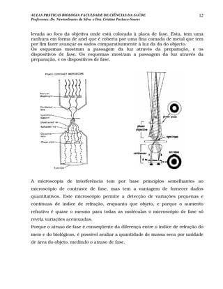 AULAS PRÁTICAS BIOLOGIA FACULDADE DE CIÊNCIAS DA SAÚDE                       12
Professores: Dr. NewtonSoares da Silva e Dra. Cristina Pacheco-Soares



levada ao foco da objetiva onde está colocada à placa de fase. Esta, tem uma
ranhura em forma de anel que é coberta por uma fina camada de metal que tem
por fim fazer avançar os sados comparativamente à luz da da do objecto.
Os esquemas mostram a passagem da luz através da preparação, e os
dispositivos de fase. Os esquemas mostram a passagem da luz através da
preparação, e os dispositivos de fase.




A microscopia de interferência tem por base princípios semelhantes ao
microscópio de contraste de fase, mas tem a vantagem de fornecer dados
quantitativos. Este microscópio permite a detecção de variações pequenas e
contínuas de índice de refração, enquanto que objeto, e porque o aumento
refrativo é quase o mesmo para todas as moléculas o microscópio de fase só
revela variações acentuadas.
Porque o atraso de fase é conseqüente da diferença entre o índice de refração do
meio e do biológicas, é possível avaliar a quantidade de massa seca por unidade
de área do objeto, medindo o atraso de fase.
 