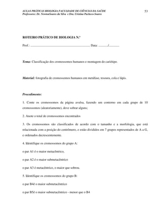 AULAS PRÁTICAS BIOLOGIA FACULDADE DE CIÊNCIAS DA SAÚDE                                                                53
Professores: Dr. NewtonSoares da Silva e Dra. Cristina Pacheco-Soares




ROTEIRO PRÁTICO DE BIOLOGIA N.º

Prof.: ........................................................................... Data: ............/.............




Tema: Classificação dos cromossomos humanos e montagem do cariótipo.




Material: fotografia de cromossomos humanos em metáfase, tesoura, cola e lápis.




Procedimento:

1. Conte os cromossomos da página avulsa, fazendo um contorno em cada grupo de 10
cromossomos (aleatoriamente), deve sobrar alguns;

2. Anote o total de cromossomos encontrados

3. Os cromossomos são classificados de acordo com o tamanho e a morfologia, que está
relacionada com a posição do centrômero, e estão divididos em 7 grupos representados de A a G,
e ordenados decrescentemente.

4. Identifique os cromossomos do grupo A:

o par A1 é o maior metacêntrico,

o par A2 é o maior submetacêntrico

o par A3 é metacêntrico, o maior que sobrou.

5. Identifique os cromossomos do grupo B:

o par B4é o maior submetacêntrico

o par B5é o maior submetacêntrico - menor que o B4
 