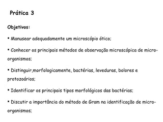 Prática 3
Objetivos:
 Manusear adequadamente um microscópio ótico;
 Conhecer os principais métodos de observação microscópica de micro-
organismos;
 Distinguir,morfologicamente, bactérias, leveduras, bolores e
protozoários;
 Identificar os principais tipos morfológicos das bactérias;
 Discutir a importância do método de Gram na identificação de micro-
organismos;
 