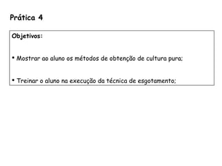 Prática 4
Objetivos:
 Mostrar ao aluno os métodos de obtenção de cultura pura;
 Treinar o aluno na execução da técnica de esgotamento;
 