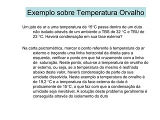 Exemplo sobre Temperatura Orvalho
Um jato de ar a uma temperatura de 15°C passa dentro de um duto
não isolado através de um ambiente a TBS de 32 °C e TBU de
23 °C. Haverá condensação em sua face externa?
Na carta psicrométrica, marcar o ponto referente à temperatura do ar
externo e traçando uma linha horizontal da direita para a
esquerda, verificar o ponto em que há cruzamento com a linha
de saturação. Neste ponto, situa-se a temperatura de orvalho do
ar externo, ou seja, se a temperatura do mesmo é resfriada
abaixo deste valor, haverá condensação de parte da sua
umidade dissolvida. Neste exemplo a temperatura de orvalho é
de 19,2 °C e a temperatura da face externa do duto é
praticamente de 15°C, o que faz com que a condensação da
umidade seja inevitável. A solução deste problema geralmente é
conseguida através do isolamento do duto
 