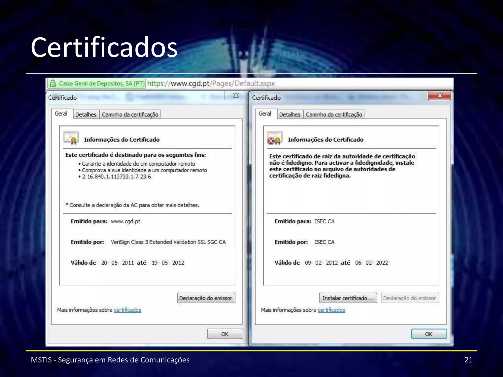 Certificados




MSTIS - Segurança em Redes de Comunicações   21
 