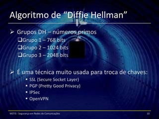 Algoritmo de “Diffie Hellman”
 Grupos DH – números primos
      Grupo 1 – 768 bits
      Grupo 2 – 1024 bits
      Grupo 3 – 2048 bits


 É uma técnica muito usada para troca de chaves:
                SSL (Secure Socket Layer)
                PGP (Pretty Good Privacy)
                IPSec
                OpenVPN

MSTIS - Segurança em Redes de Comunicações      10
 