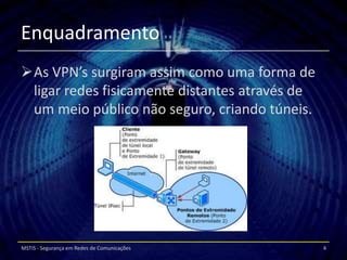 Enquadramento
As VPN’s surgiram assim como uma forma de
 ligar redes fisicamente distantes através de
 um meio público não seguro, criando túneis.




MSTIS - Segurança em Redes de Comunicações      4
 
