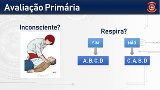 Inconsciente?
NÃO
SIM
Respira?
A, B, C, D C, A, B, D
Avaliação Primária
 
