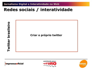 Jornalismo Digital e Interatividade na Web Redes sociais / interatividade Twitter brasileiro Criar o próprio twitter 