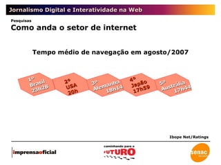 Jornalismo Digital e Interatividade na Web Tempo médio de navegação em agosto/2007 1º  Brasil 23h28 2º  USA 20h 4º  Japão 17h59 5º  Austrália 17h44 3º  Alemanha 18h14 Ibope Net/Ratings Pesquisas Como anda o setor de internet 