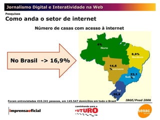 Jornalismo Digital e Interatividade na Web Número de casas com acesso à internet IBGE/Pnad 2006 Foram entrevistadas 410.241 pessoas, em 145.547 domicílios em todo o Brasil Pesquisas Como anda o setor de internet 23,1% 6,9% 6% 20,8% 14,6% No Brasil  -> 16,9%  