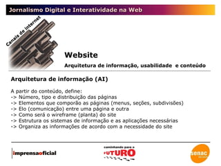 Jornalismo Digital e Interatividade na Web Website Arquitetura de informação, usabilidade  e conteúdo Arquitetura de informação (AI) A partir do conteúdo, define:  -> Número, tipo e distribuição das páginas -> Elementos que comporão as páginas (menus, seções, subdivisões) -> Elo (comunicação) entre uma página e outra -> Como será o wireframe (planta) do site -> Estrutura os sistemas de informação e as aplicações necessárias -> Organiza as informações de acordo com a necessidade do site Canais de internet 