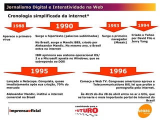 Jornalismo Digital e Interatividade na Web Cronologia simplificada da internet* 1993 Surge o primeiro navegador (Mosaic) Criado o Yahoo por David Filo e Jerry Yang Lançado o Netscape. Conquista, quase imediatamente após sua criação, 70% do mercado Aleksandar Mandic, institui a internet comercial no Brasil Começa a Web TV. Congresso americano aprova a Telecommunications Bill, lei que proíbe a pornografia pela internet. Às 4h15 do dia 28 de abril entra no ar o UOL, que se tornaria o mais importante portal de internet do Brasil 1988 Aparece o primeiro vírus 1990 1996 1995 1994 Surge o hipertexto (palavras sublinhadas)  No Brasil, surge o Mandic BBS, criado por Aleksandar Mandic. No mesmo ano, o Brasil entra na internet IBM aprimora seu sistema operacional OS/2 e a Microsoft aposta no Windows, que se sobrepondo ao DOS 