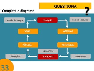 QUESTIONA
Completa o diagrama.
Entrada de sangue

CORAÇÃ0

?

Saída de sangue

VEIAS

ARTÉRIAS

VÉNULAS

ARTERIOLAS
HEMATOSE

Excreções

33

CAPILARES

Nutrientes

 