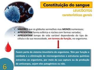 Constituição do sangue
LEUCÓCITOS
caraterísticas gerais

• MAIORES que os glóbulos vermelhos mas MENOS numerosos;
• APRESENTAM forma esférica e núcleo com formas variadas;
• APRESENTAM tempo de vida variável dependendo do tipo de
célula e da sua necessidade, em termos de função, no organismo.

6

Fazem parte do sistema imunitário do organismo. Têm por função o
combate e a eliminação de microorganismos e estruturas químicas
estranhas ao organismo, por meio da sua captura ou da produção
de anticorpos, sejam eles patogénicos ou não.

 