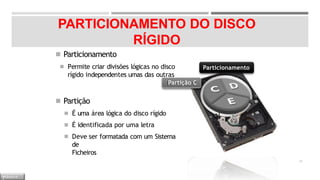 PARTICIONAMENTO DO DISCO
RÍGIDO
◾ Partição
◾ É uma área lógica do disco rígido
◾ É identificada por uma letra
◾ Deve ser formatada com um Sistema
de
Ficheiros
Particionamento
◾ Particionamento
◾ Permite criar divisões lógicas no disco
rígido independentes umas das outras
Partição C
26
M Ó D U L O
 