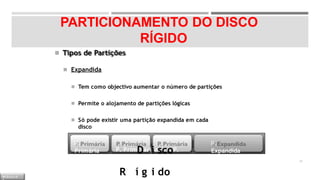 PARTICIONAMENTO DO DISCO
RÍGIDO
◾ Tipos de Partições
◾ Expandida
◾ Tem como objectivo aumentar o número de partições
◾ Permite o alojamento de partições lógicas
◾ Só pode existir uma partição expandida em cada
disco
P.
Primária P. PrimDáriiascoP.
PRrimíágriiado
P.
Expandida
29
M Ó D U L O
 