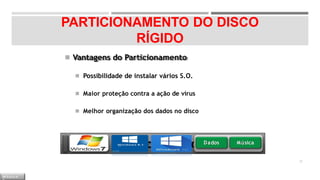 Disco Rígido
PARTICIONAMENTO DO DISCO
RÍGIDO
◾ Vantagens do Particionamento
◾ Possibilidade de instalar vários S.O.
◾ Maior proteção contra a ação de vírus
◾ Melhor organização dos dados no disco
Dados Música
32
M Ó D U L O
 