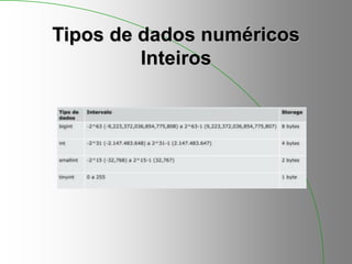 Tipos de dados numéricos
Inteiros
 