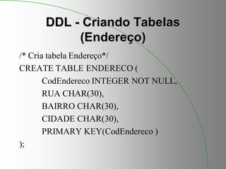 DDL - Criando Tabelas
(Endereço)
/* Cria tabela Endereço*/
CREATE TABLE ENDERECO (
CodEndereco INTEGER NOT NULL,
RUA CHAR(30),
BAIRRO CHAR(30),
CIDADE CHAR(30),
PRIMARY KEY(CodEndereco )
);
 