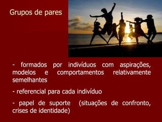 Grupos de pares formados por indivíduos com aspirações, modelos e comportamentos relativamente semelhantes referencial para cada indivíduo papel de suporte  (situações de confronto, crises de identidade) 