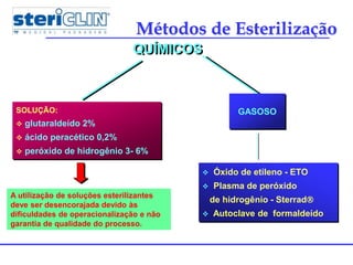 SOLUÇÃO:
 glutaraldeído 2%
 ácido peracético 0,2%
 peróxido de hidrogênio 3- 6%
GASOSO
 Óxido de etileno - ETO
 Plasma de peróxido
de hidrogênio - Sterrad
 Autoclave de formaldeído
QUÍMICOS
Métodos de Esterilização
A utilização de soluções esterilizantes
deve ser desencorajada devido às
dificuldades de operacionalização e não
garantia de qualidade do processo.
 