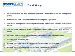 • 550 funcionários em todo o mundo - cerca de € 85 milhões o volume de negócios
(2004)
• Fundada em 1896 - de propriedade da família já há 4 gerações
• Três áreas de negócios - embalagens médicas, embalagens flexíveis, carregando
sacos
• Três locais de produção: D-Feuchtwangen / Centro de Produção, PL-Zagan, NL-
Venlo
• vendas a nível mundial, incluindo escritórios próprios e representantes
• 70 máquinas de produção
• Mais de 10.000 locais de armazenamento de paletes em armazém
• Mais de 30 mil toneladas de materiais processados anualmente
The VP Group
 