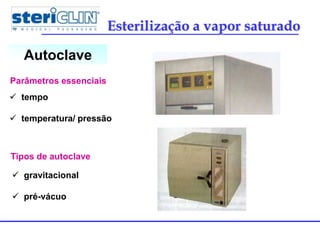 Esterilização a vapor saturado
Autoclave
 tempo
 temperatura/ pressão
Parâmetros essenciais
Tipos de autoclave
 gravitacional
 pré-vácuo
 