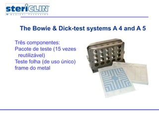 The Bowie & Dick-test systems A 4 and A 5
Três componentes:
Pacote de teste (15 vezes
reutilizável)
Teste folha (de uso único)
frame do metal
 