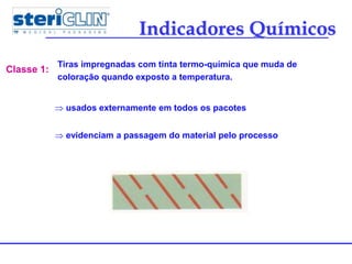 Indicadores Químicos
Classe 1:
Tiras impregnadas com tinta termo-química que muda de
coloração quando exposto a temperatura.
 usados externamente em todos os pacotes
 evidenciam a passagem do material pelo processo
 
