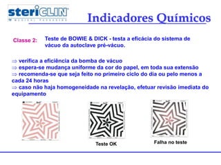 Indicadores Químicos
Teste de BOWIE & DICK - testa a eficácia do sistema de
vácuo da autoclave pré-vácuo.
Classe 2:
 verifica a eficiência da bomba de vácuo
 espera-se mudança uniforme da cor do papel, em toda sua extensão
 recomenda-se que seja feito no primeiro ciclo do dia ou pelo menos a
cada 24 horas
 caso não haja homogeneidade na revelação, efetuar revisão imediata do
equipamento
Teste OK Falha no teste
 