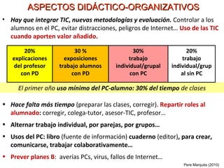 • Hay que integrar TIC, nuevas metodologías y evaluación. Controlar a los
alumnos en el PC, evitar distracciones, peligros de Internet… Uso de las TIC
cuando aporten valor añadido.
El primer año uso mínimo del PC-alumno: 30% del tiempo de clases
ASPECTOS DIDÁCTICO-ORGANIZATIVOSASPECTOS DIDÁCTICO-ORGANIZATIVOS
Pere Marquès (2010)
20%
explicaciones
del profesor
con PD
30 %
exposiciones
trabajo alumnos
con PD
30%
trabajo
individual/grupal
con PC
20%
trabajo
individual/grup
al sin PC
• Hace falta más tiempo (preparar las clases, corregir). Repartir roles al
alumnado: corregir, colega-tutor, asesor-TIC, profesor…
• Alternar trabajo individual, por parejas, por grupos…
• Usos del PC: libro (fuente de información) cuaderno (editor), para crear,
comunicarse, trabajar colaborativamente…
• Prever planes B: averías PCs, virus, fallos de Internet…
 