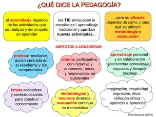 Pere Marquès (2010)
¿QUÉ DICE LA PEDAGOGÍA?¿QUÉ DICE LA PEDAGOGÍA?
el aprendizaje depende
de las actividades que
se realiz...