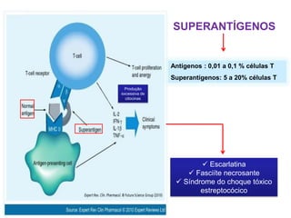  Escarlatina
 Fasciíte necrosante
 Síndrome do choque tóxico
estreptocócico
Antígenos : 0,01 a 0,1 % células T
Superantígenos: 5 a 20% células T
SUPERANTÍGENOS
Produção
excessiva de
citocinas
 