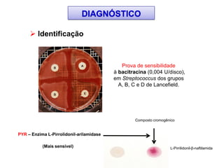 Identificação
Prova de sensibilidade
à bacitracina (0,004 U/disco),
em Streptococcus dos grupos
A, B, C e D de Lancefield.
DIAGNÓSTICO
L-Pirrilidonil-β-naftilamida
PYR – Enzima L-Pirrolidonil-arilamidase
(Mais sensível)
Composto cromogênico
 