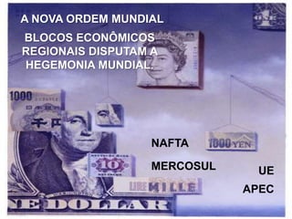 A NOVA ORDEM MUNDIAL
BLOCOS ECONÔMICOS
REGIONAIS DISPUTAM A
HEGEMONIA MUNDIAL.

NAFTA
MERCOSUL

UE
APEC

 