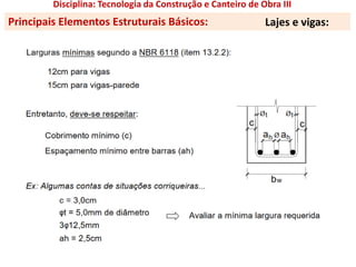 Disciplina: Tecnologia da Construção e Canteiro de Obra III
Principais Elementos Estruturais Básicos: Lajes e vigas:
 