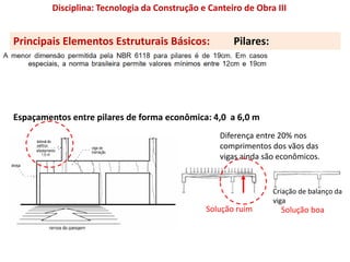 Disciplina: Tecnologia da Construção e Canteiro de Obra III
Principais Elementos Estruturais Básicos: Pilares:
Espaçamentos entre pilares de forma econômica: 4,0 a 6,0 m
Diferença entre 20% nos
comprimentos dos vãos das
vigas ainda são econômicos.
Solução ruim Solução boa
Criação de balanço da
viga
 
